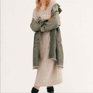 Free People Forever Free Tiered Green Denim Jacket Long Distressed Size M NWOT